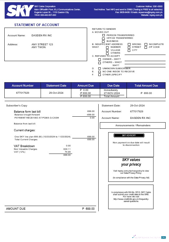 Philippines Sky Cable Corporation business utility bill Word and PDF template (2)